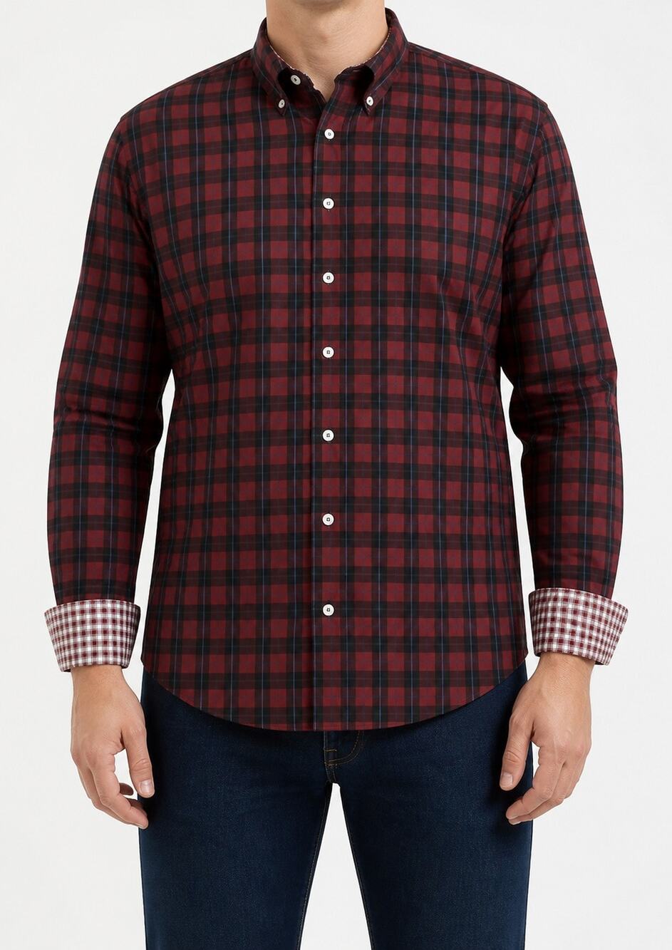 Con.Struct Shirt Mens 2XL Red Black Plaid Non-Iron Stretch Wicking Flip Cuffs